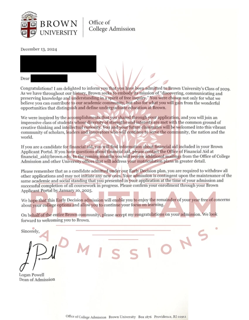 Acceptance Letter to Brown University - 2024