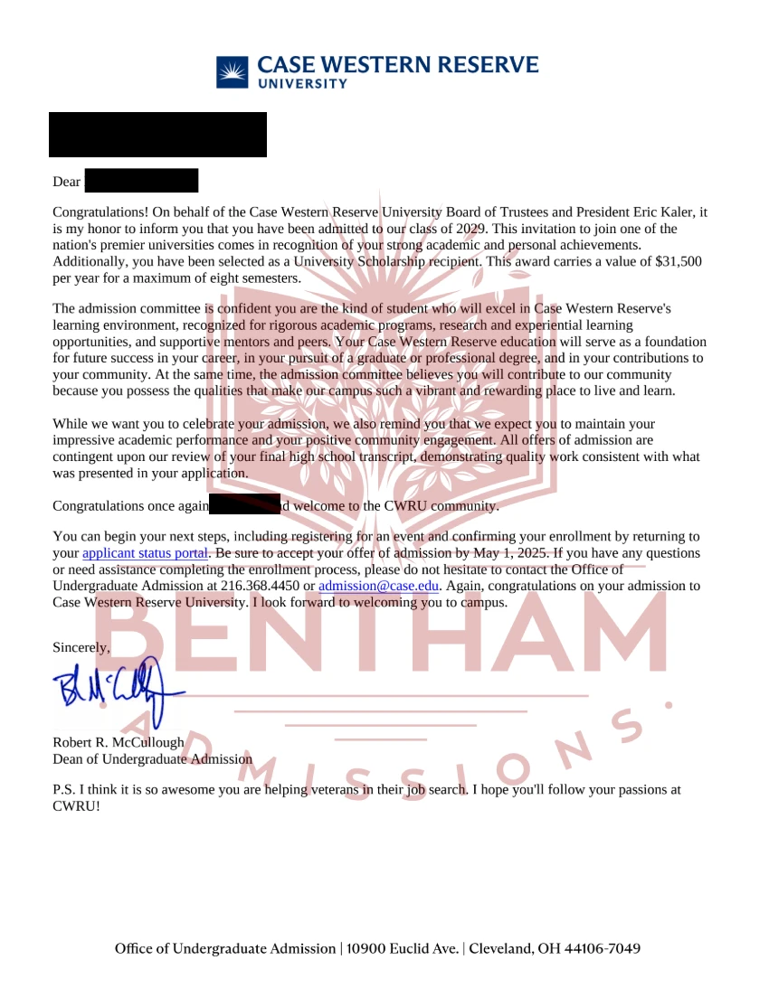 Acceptance Letter to Case Western - 2024