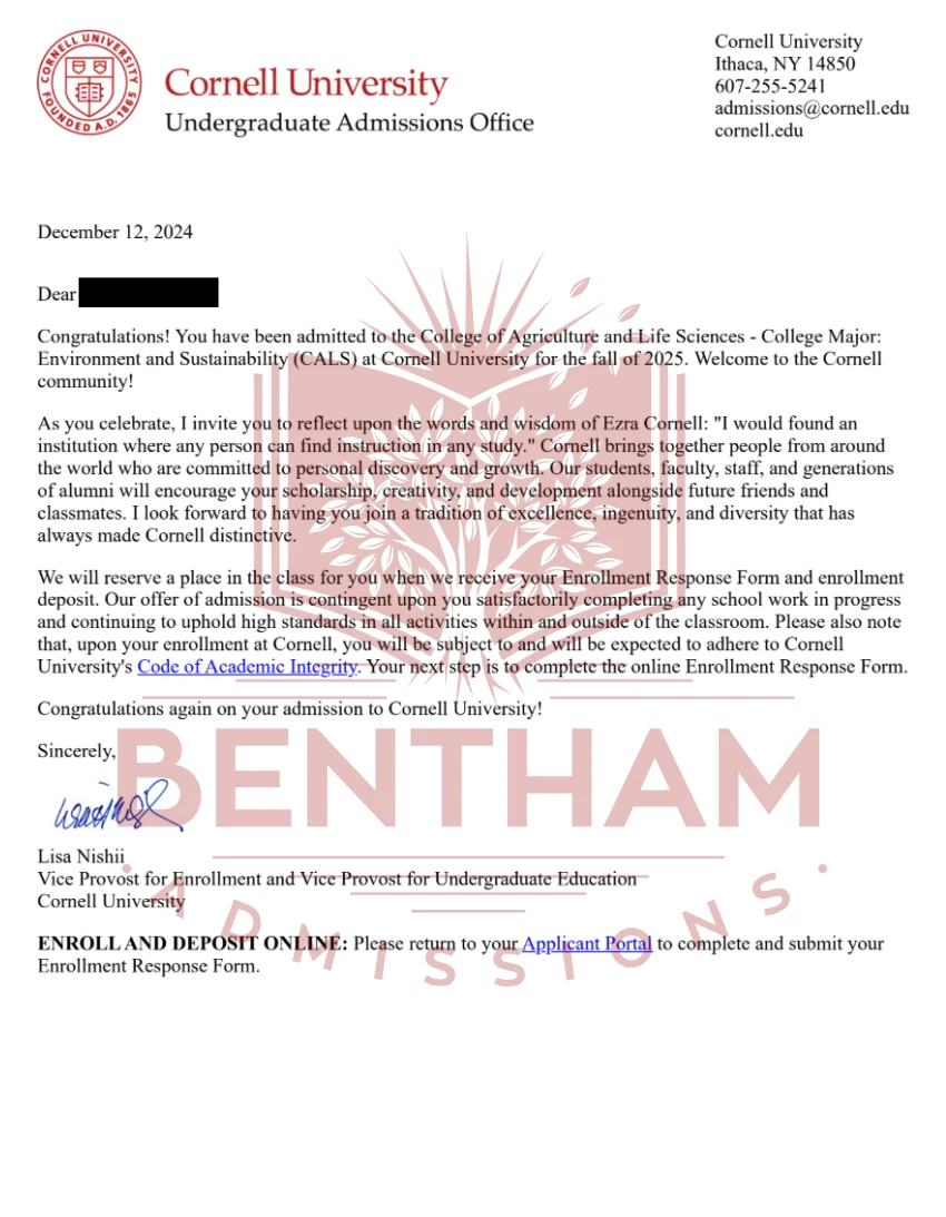 Acceptance Letter to Cornell - 2024