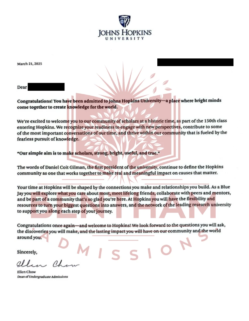 Acceptance Letter to Johns Hopkins - 2024