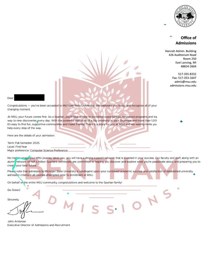 Acceptance Letter to MSU - 2024