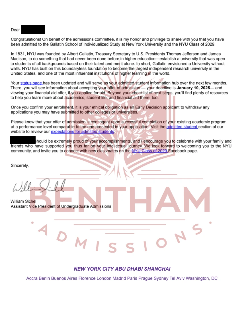 Acceptance Letter to NYU - Gallatin - 2024