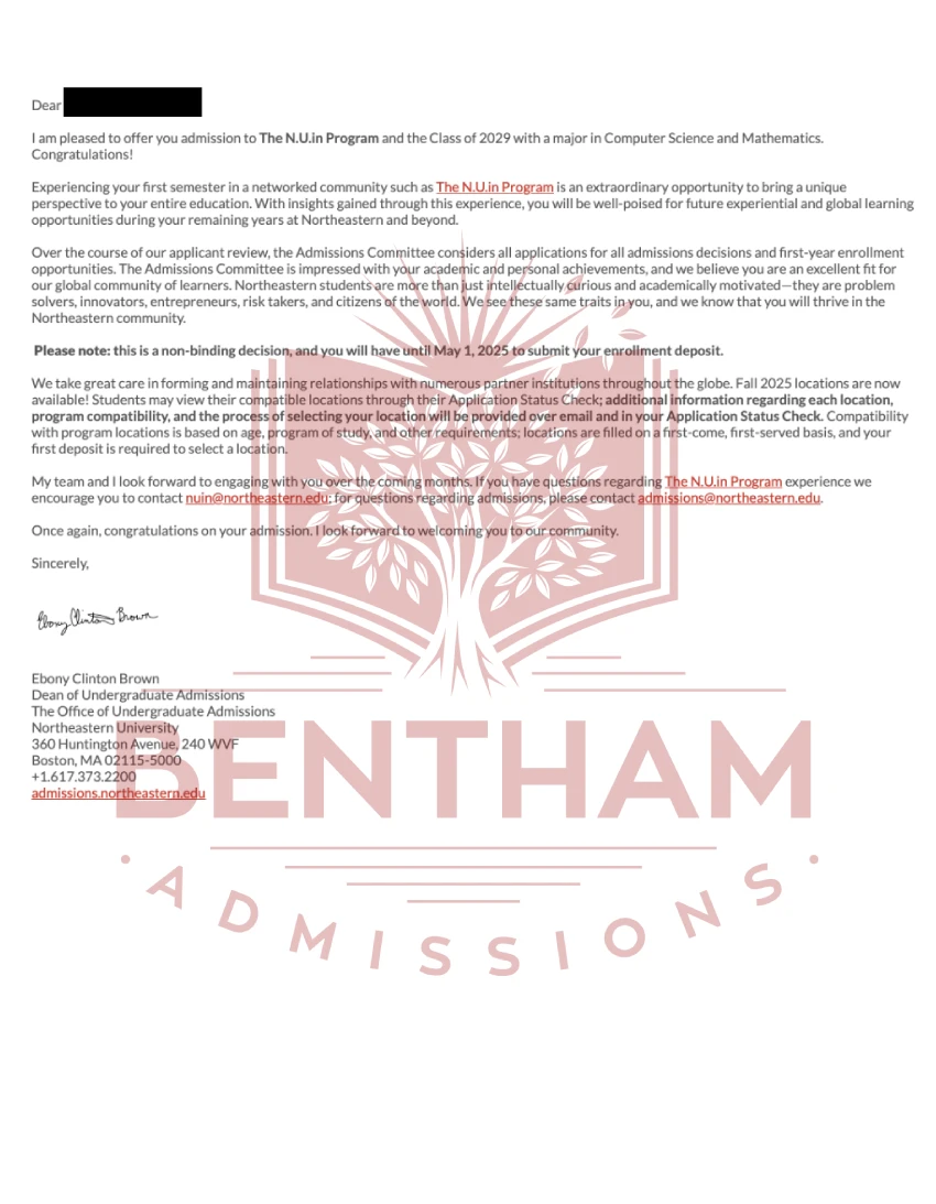 Acceptance Letter to Northeastern University - 2024
