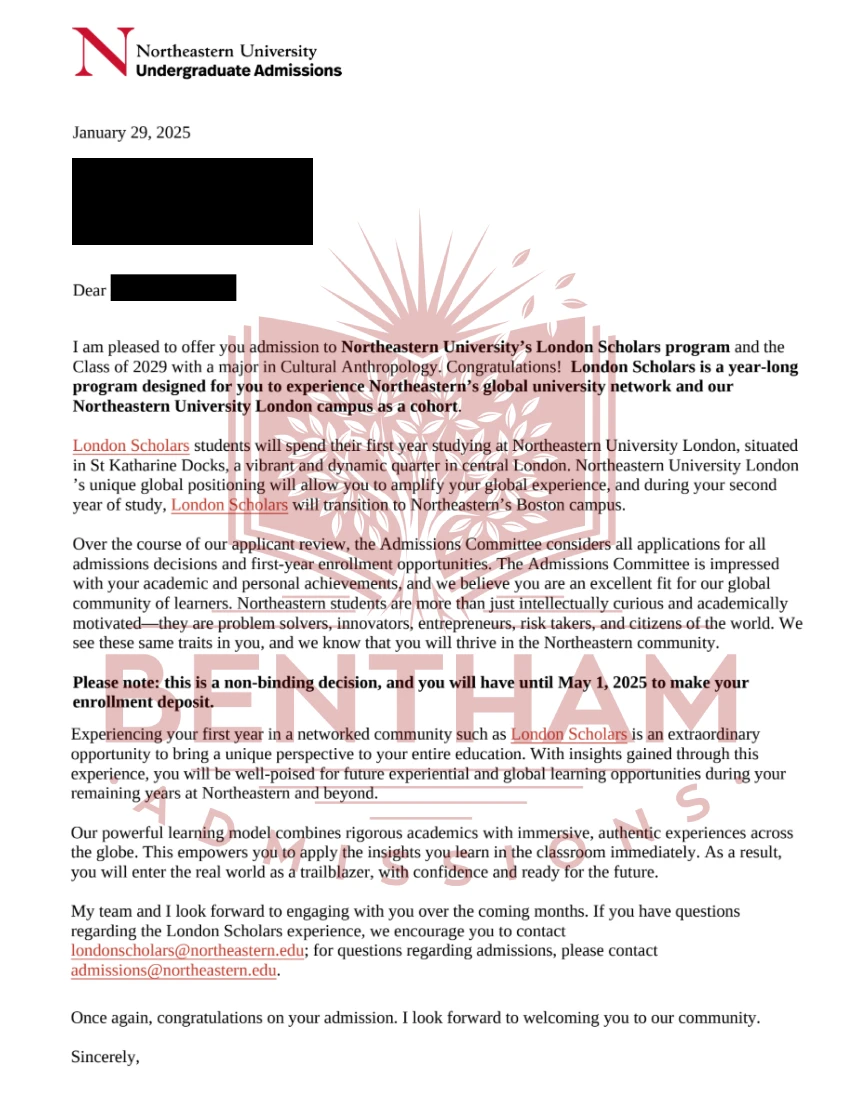 Acceptance Letter to Northeastern University - 2024