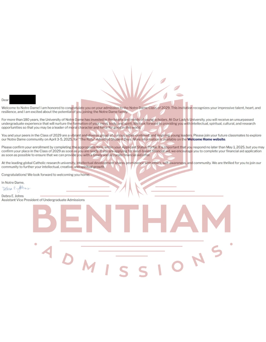 Acceptance Letter to Notre Dame - 2024