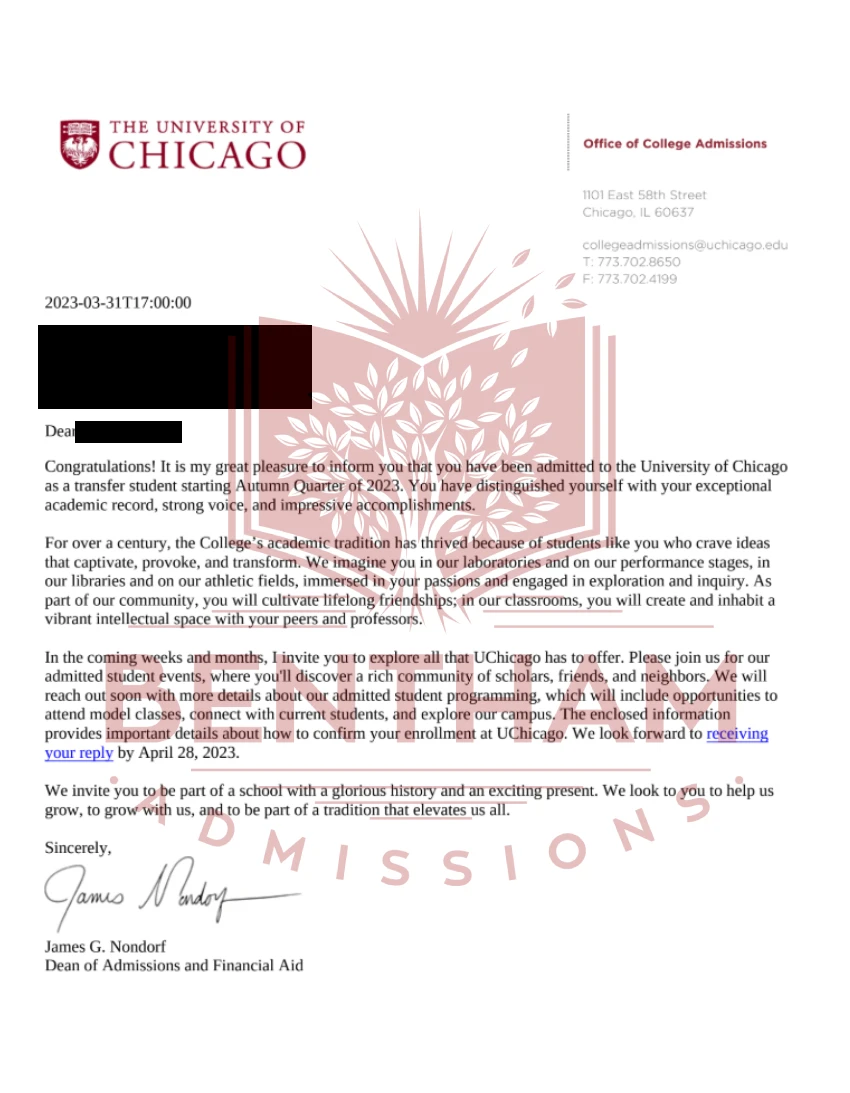 Acceptance Letter to UChicago - 2023
