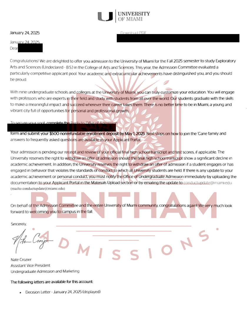 Acceptance Letter to UMiami - 2024