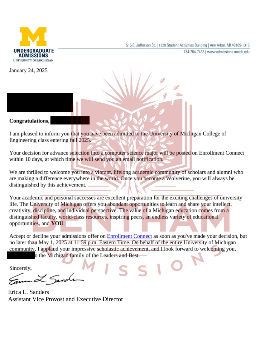 Acceptance Letter to UMichigan - 2024