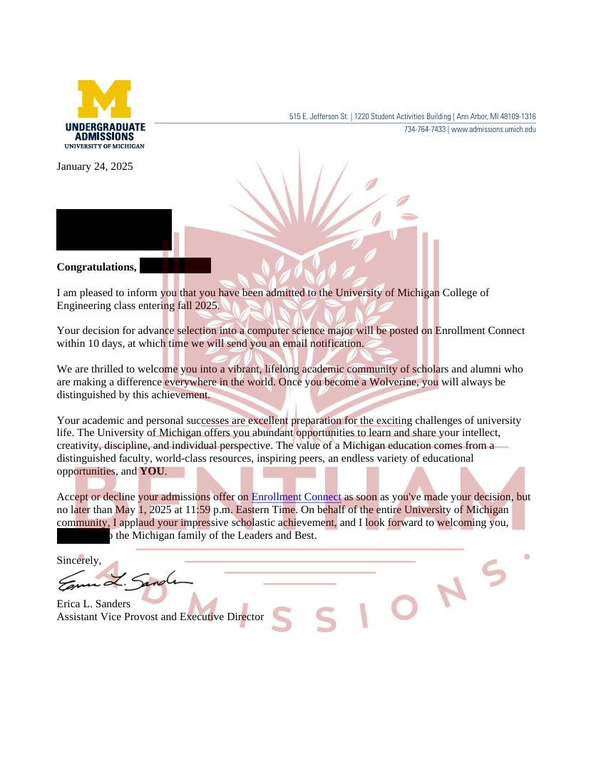 Acceptance Letter to UMichigan - 2024