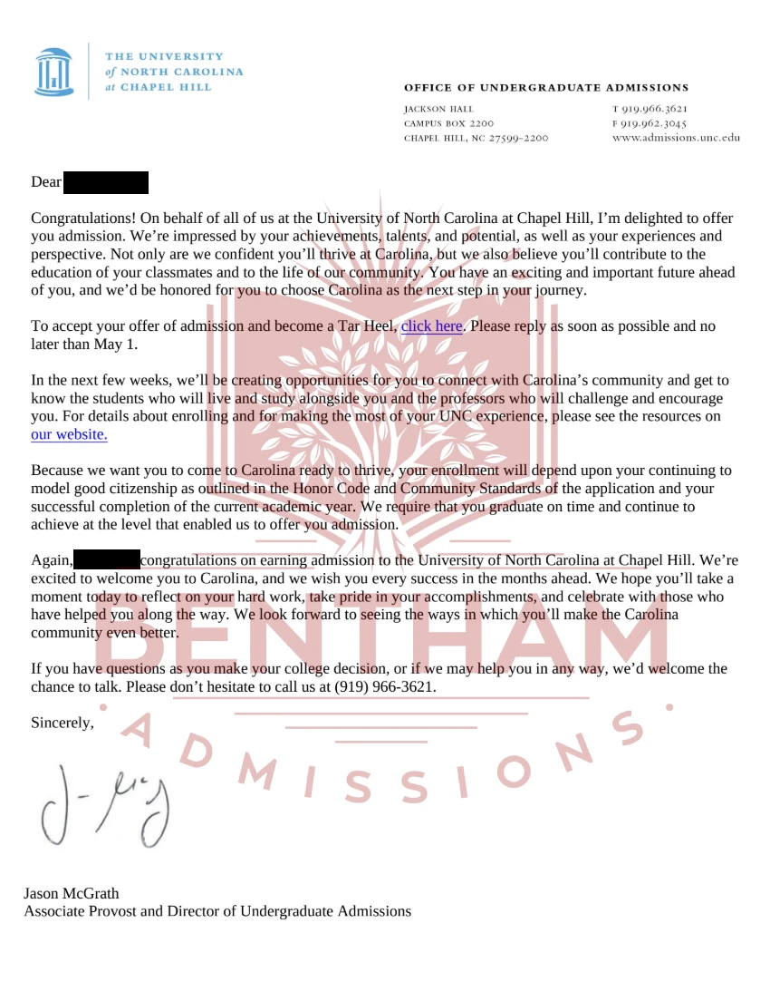 Acceptance Letter to UNC Chapel Hill - 2023