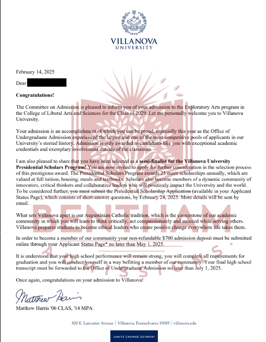Acceptance Letter to Villanova - 2024