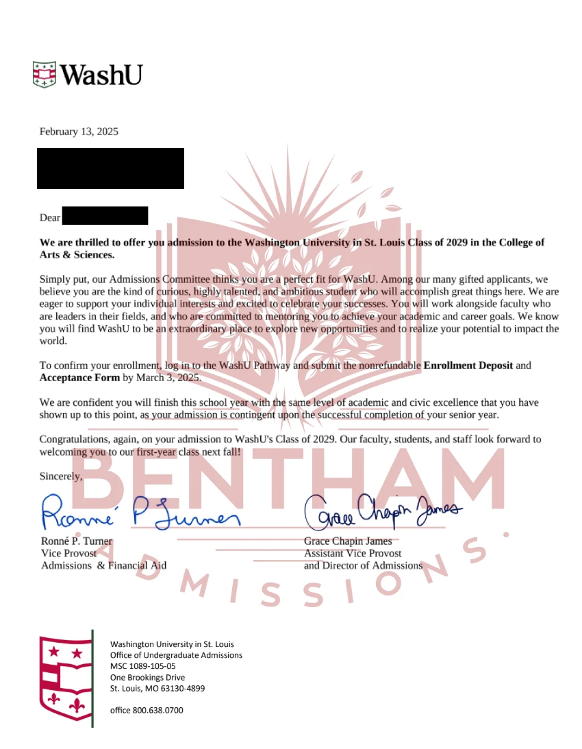 Acceptance Letter to Washington University - 2024