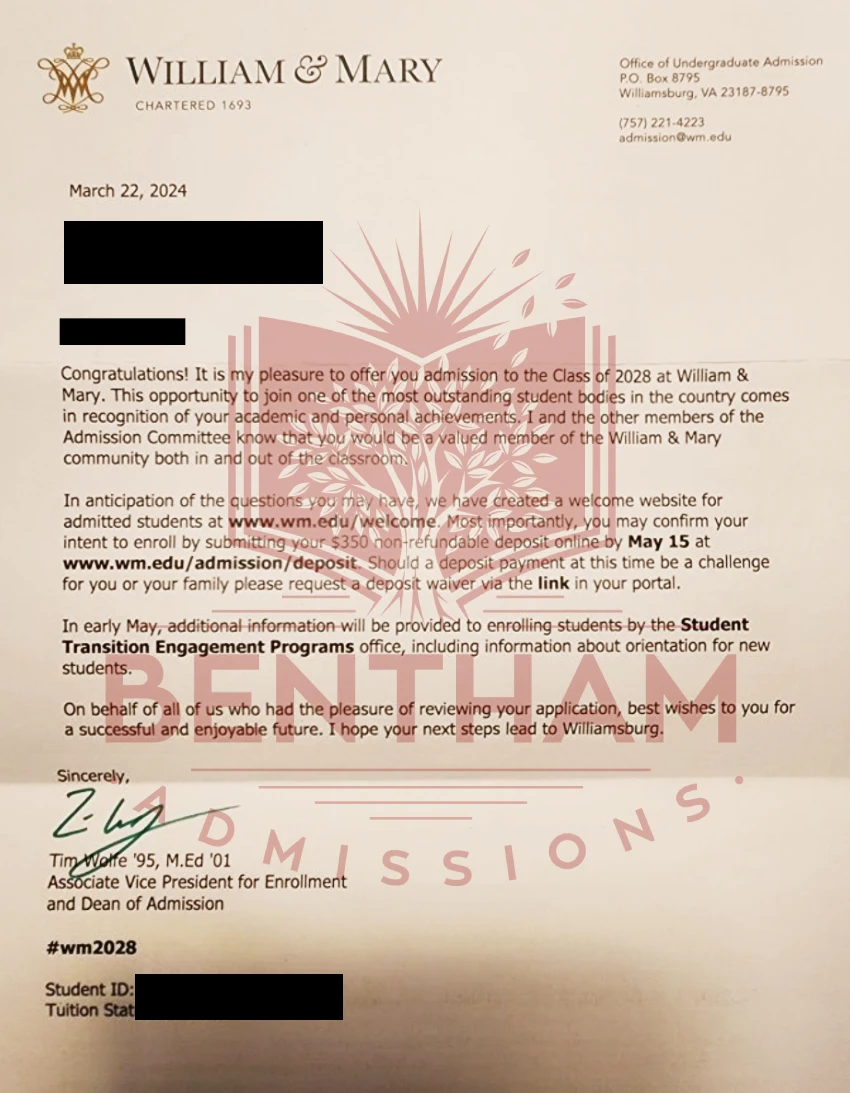Acceptance Letter to William & Mary - 2024